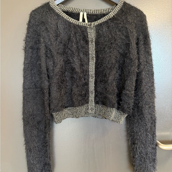 Frenchi L EUC super fun black and Light Gray really Fuzzy Cardigan - Picture 10 of 13